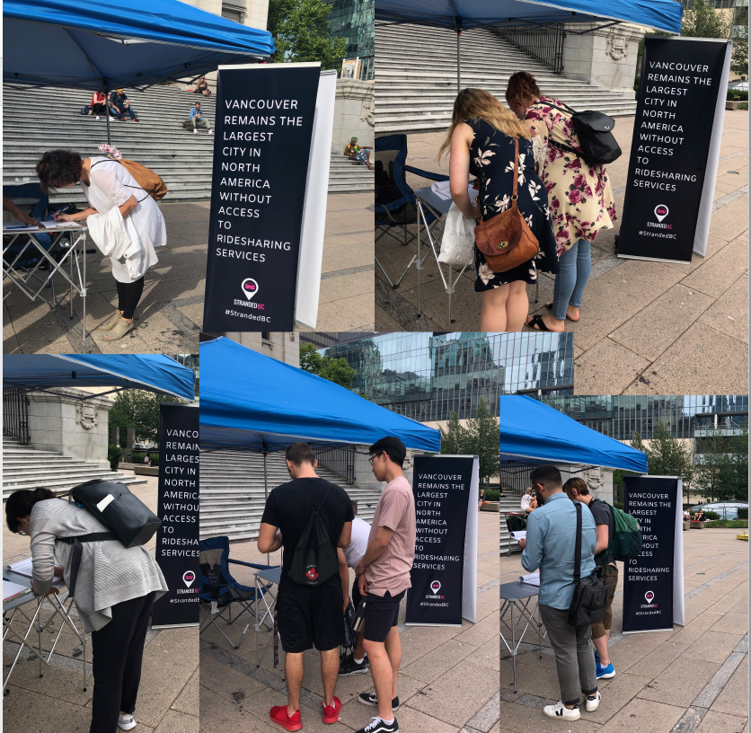 StrandedBC's tweet photo. #StrandedBC
Thanks to all our supporters!! Today we will be collecting signatures again in the Robson Square area from 4 to 8 pm asking Transportation Minister to allow the use of a class 5 drivers license for people who want to drive for ride-hailing companies in BC. https://t.co/Tvu5rJVf17