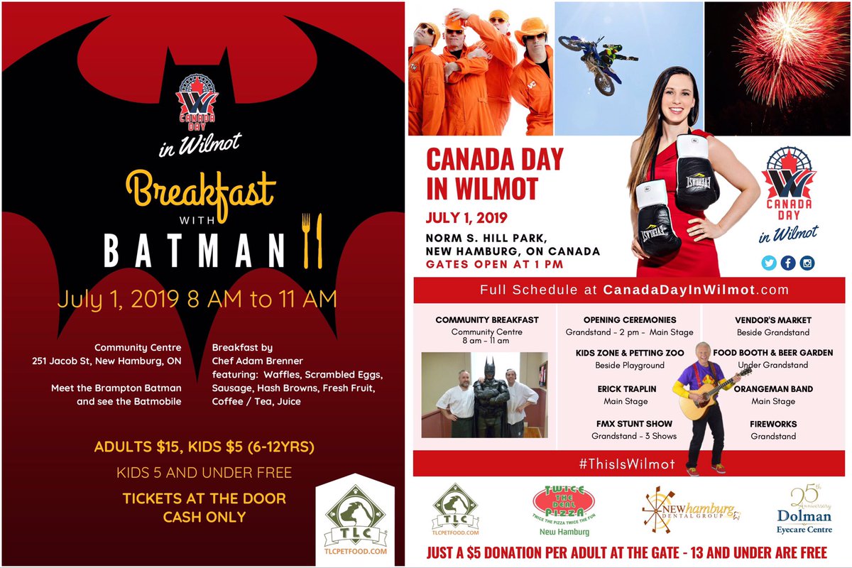 CherGordijk's tweet photo. There's plenty to do and enjoy in New Hamburg on @CanadaDayWilmot including #BreakfastWithBatman! Thanks to the volunteers who have already invested 100s of hours preparing for the big day and dozens of helpers who will be at Norm Hill Park on Monday. #ThisIsWilmot https://t.co/oxB6pwiZ4Z