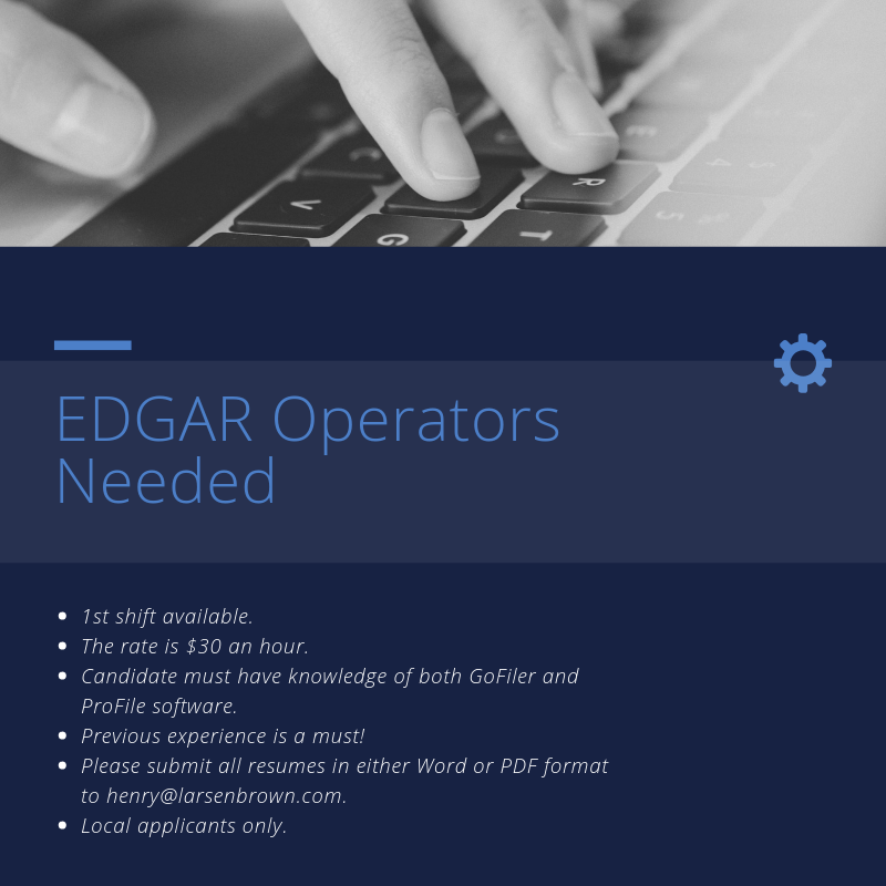 Larsen_Brown's tweet photo. Do you know ProFile HTML & GoFiler Complete? There is a need for your skills. Apply today!! EDGAR Operators needed for first shifts. Please submit resumes to henry@larsenbrown.com
#NYCjobs #GoFiler #ProfileHTML #EDGAR #LarsenBrown https://t.co/ofYcJsQdNn