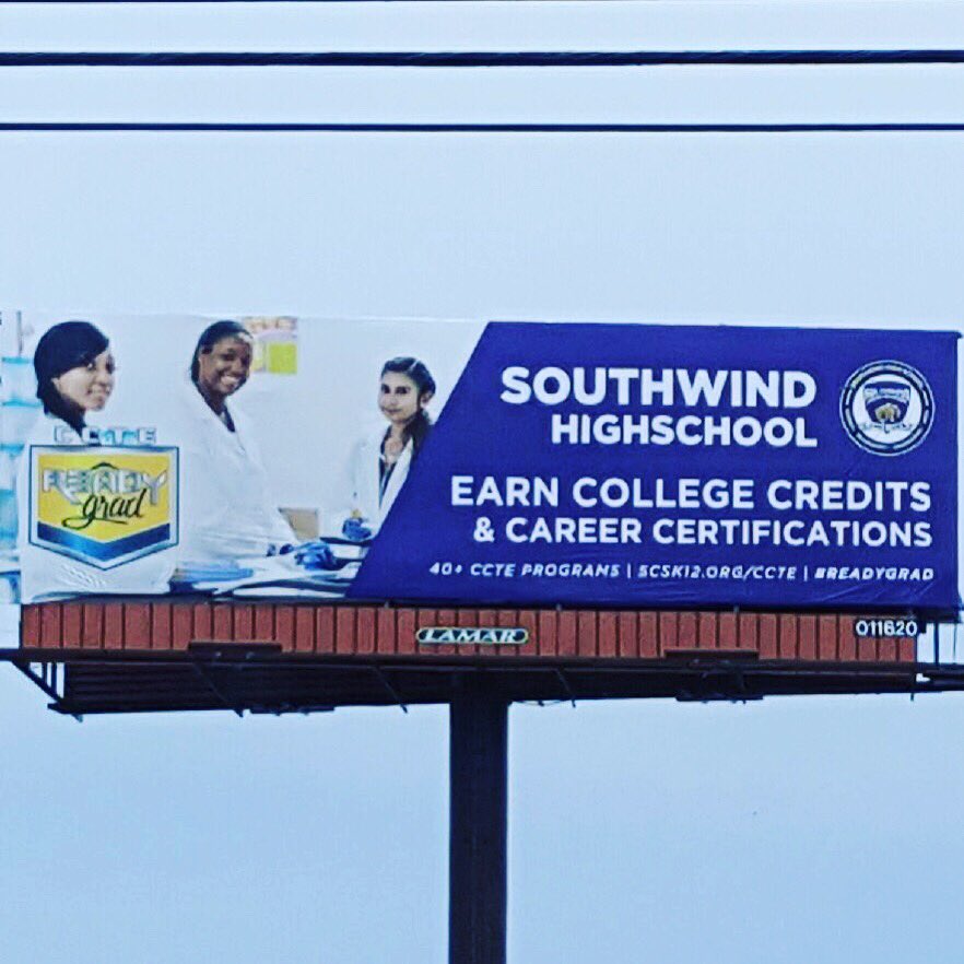 SouthwindHS's tweet photo. Our new billboard is up. We thank @SCS_CCTE for helping us #promotethepurple! #tunedin #shsis38125 @ECPScholars @1stchoice38125 https://t.co/uXAqposjzU