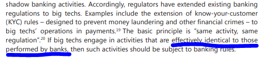 What level of #AML and #KYC requirements should Facebook face from regulators if/when issuing #Libra? <a href="/BIS_org/">Bank for International Settlements</a> is pretty clear: If big tech operates like big finance, it should have the equivalent (costly $$) compliance requirements: bis.org/publ/arpdf/ar2…