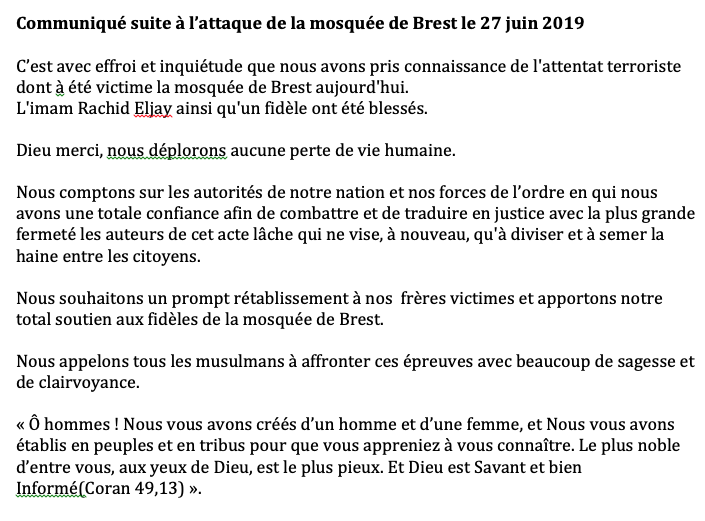 AhmetOGRAS_'s tweet photo. Communiqué du CFCM suite à l’attaque de la mosquée de Brest le 27 juin 2019 
C’est avec effroi et inquiétude que nous avons pris connaissance de l'attentat terroriste dont à été victime la mosquée de Brest aujourd'hui.
L'imam Rachid Eljay ainsi qu'un fidèle ont été blessés. https://t.co/HAkc6ekxGK