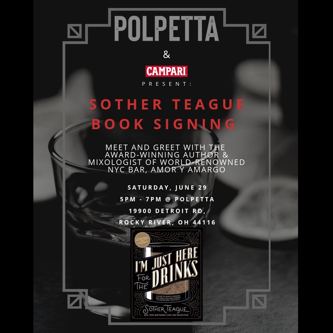 primopolpetta's tweet photo. Polpetta and Campari proudly present a book signing with Sother Teague, award-winning author of, "I'm Just Here for the Drinks," and proprietor of NYC's world-renowned bitters and amaro bar, Amor y Amargo. Join us for the evening for a meet and greet, cocktails, and food. https://t.co/gbMxWzXut9