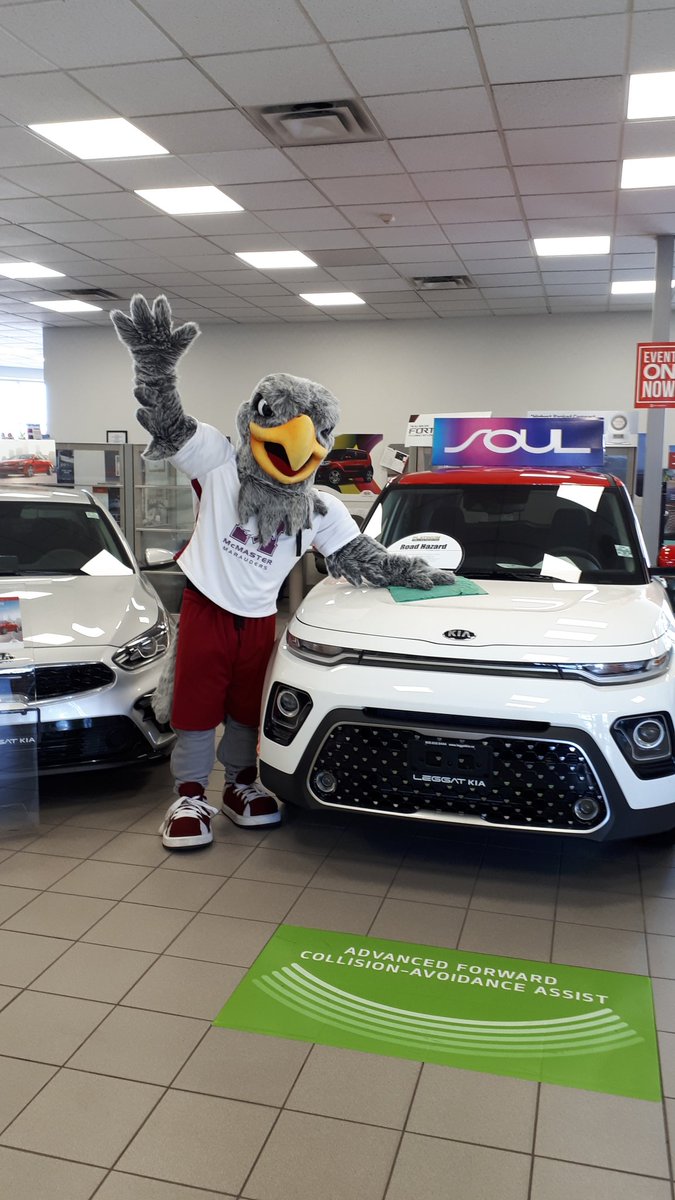 McMasterSports's tweet photo. Mac the Marauder put to work at Leggat KIA in Burlington. Part of the @LeggatAutoGroup #GoMaGo https://t.co/1aWxsvatRJ