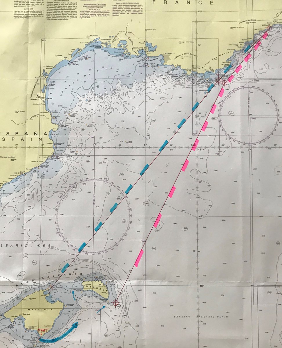 naviheritage's tweet photo. @NHClanson @NHCharrison The challenge for both, the Navigators of "Leukothea" and "Teorema", is to reach Monaco as "first arrival" sailing within the bounds of the two corridors! Crossing their boundaries mean a penalty by Race Control of 30 min to be added to the time at finish. https://t.co/PafXdIhNaE