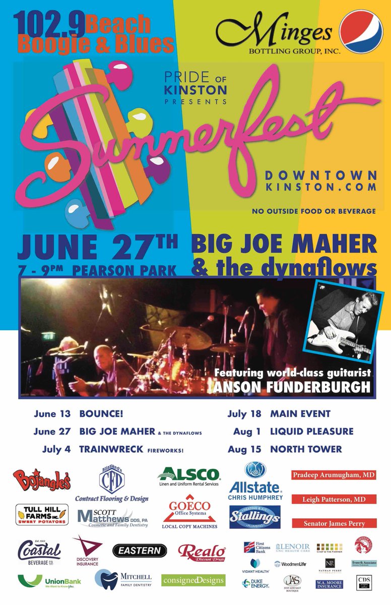 FREE CONCERT and a chance to win a $40 GIFT CERTIFICATE to Upstairs at the Market. Anson Funderburgh with BIG JOE MAHER and the DYNAFLOWS. Simply use your cellphone to go FACEBOOK live - #kinstonncsummerfest. The best FB video will win a $40 gift certificate. Pearson Park - 7 pm