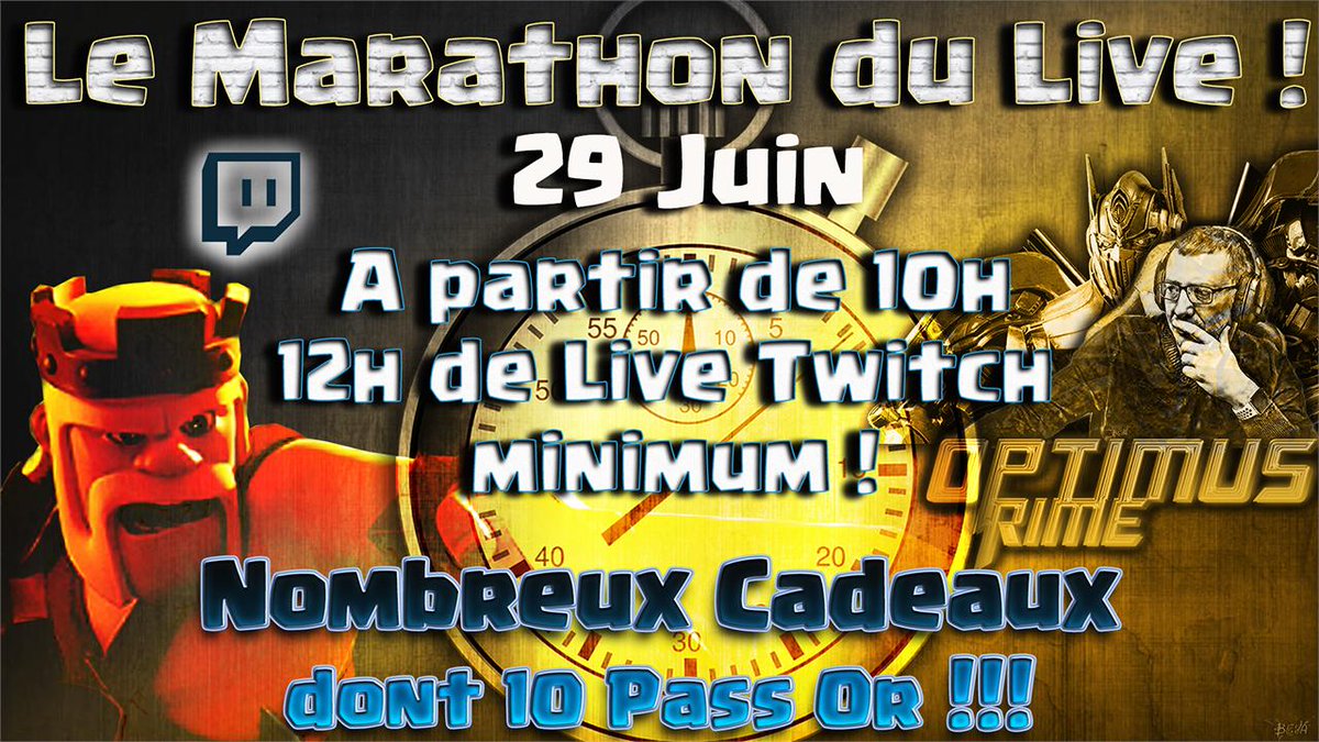 optimusprimeCOC's tweet photo. Un marathon fait 42 kms, mais combien peut durer un stream?😅
Réponse ce samedi à partir de 10h sur ma chaine Twitch
https://t.co/txyiNNjKrp
12h de minimum garanties et plus si affinité jusqu'à épuisement!
Nombreux cadeaux à gagner(10 pass or, ...)
#twitch 
#clashoflcans https://t.co/8xa3rwByGw