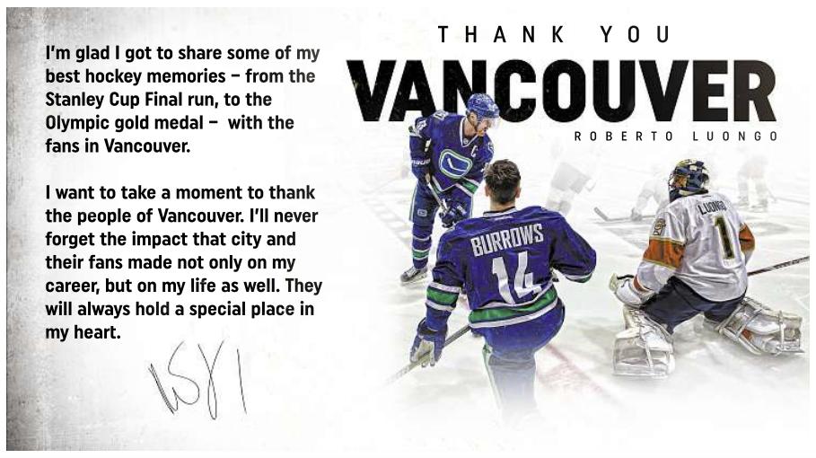 stephanie_ip's tweet photo. ICYMI: @strombone1 bought this ad in today's @theprovince, page 72, to thank #Vancouver fans. @risingaction was told the retiring goalie bought it with his own money. #hockey https://t.co/zEFtE7hnMo
