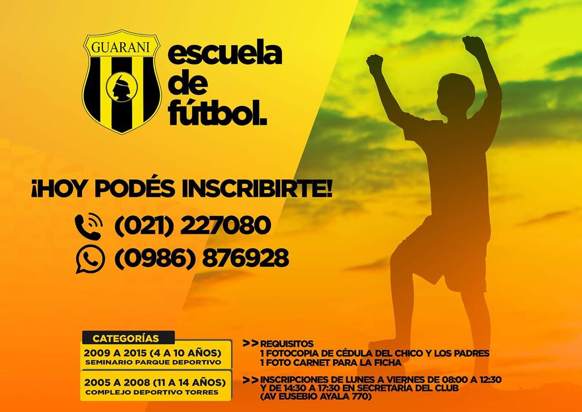 ClubGuarani's tweet photo. ¡Dale a tu hijo la oportunidad de convertirse en un #MiniLegendario!
Inscripciones abiertas a la Escuela de Fútbol del Club Guarani
#CanteraAurinegra 💛🖤 https://t.co/bVjcSOa7tA