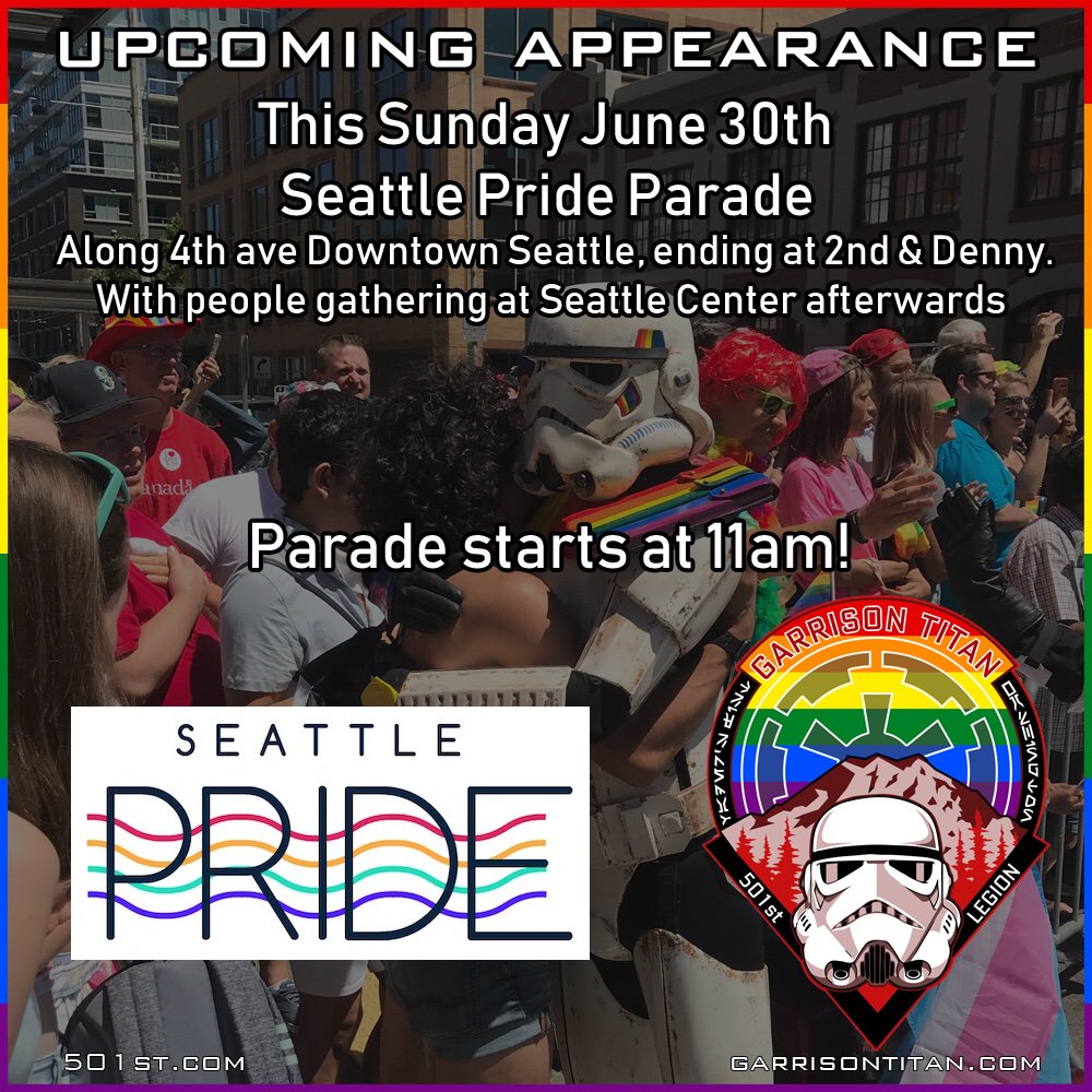 Sunday, members of Garrison Titan , <a href="/alphabasewa/">alphabasewa</a> , @saberguildkamino &amp; @gurreckclan will be marching in the Seattle Pride parade! Come see Star Wars is for everybody! #garrisontitan #501stlegion #501st #rebellegion  #gurreckclan #alphabasewa #pride #starwars #seattlepride