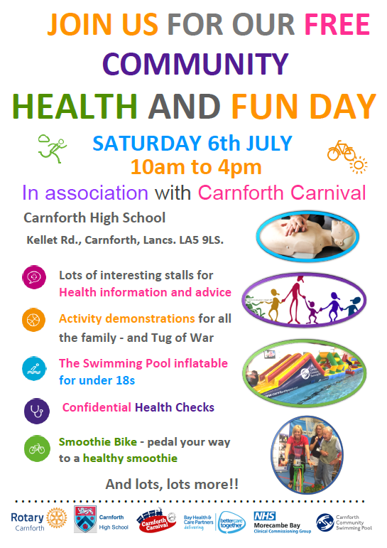 UHMBT's tweet photo. Come along to a health and fun day in Carnforth on Saturday 6 July @CarnforthICC @BCTMorecambeBay @MorecambeBayCCG #CarnforthCarnival https://t.co/Siowu8uXtU