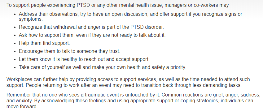 Post-traumatic stress disorder can disrupt your whole life: job, relationships, health, and enjoyment of everyday activities. Workplaces can help and support. #mentalhealth #PTSD #PTSDAwarenessDay