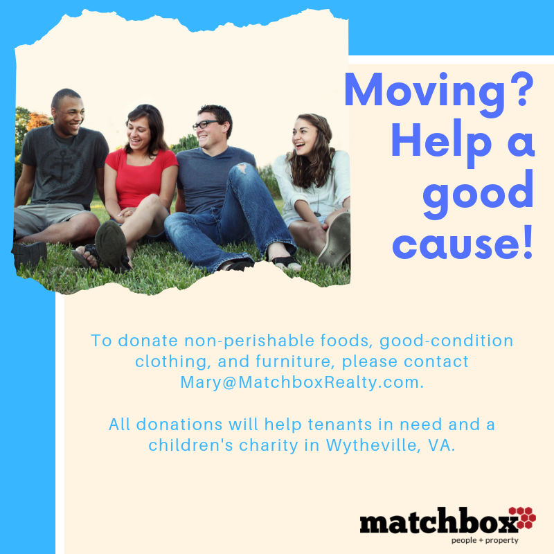 CharlestonTowne's tweet photo. Moving out? Consider donating used good-condition furniture, clothing, cleaning supplies, and non-perishable food items! All items go to those in need locally and a children's charity in Wytheville, VA! Email Mary@MatchboxRealty.com to learn how!

#MatchboxCares #LoveWhereYouLive https://t.co/ycxMH25VfA