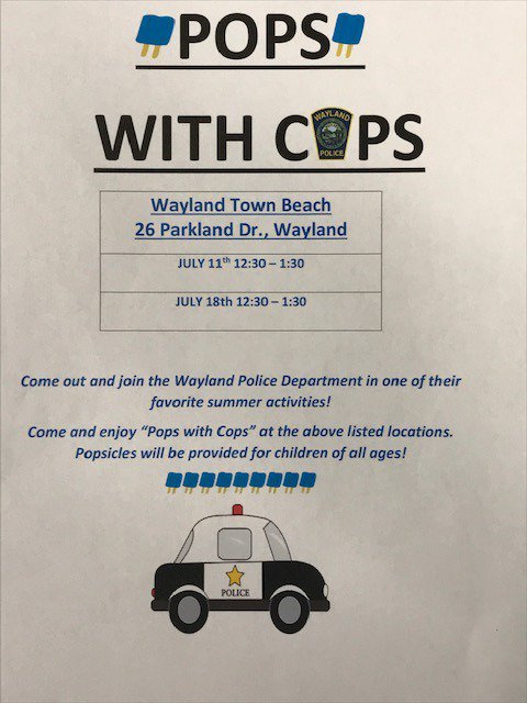 Wayland Police (@wpd25) on Twitter photo POPS with COPS, Wayland Town Beach, Thur, July 11th and 18th from1230-130p.
Come see <a href="/WPD25/">Wayland Police</a> for a Cold Popsicle!! POPS with COPS, Wayland Town Beach, Thur, July 11th and 18th from1230-130p.
Come see <a href="/WPD25/">Wayland Police</a> for a Cold Popsicle!!