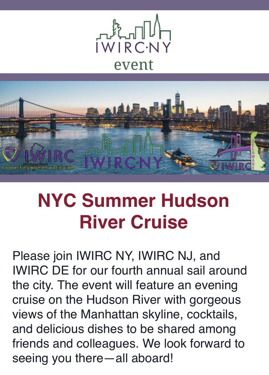 It’s that time of year again!  Join us for our 4th annual Hudson River Cruise with the women of <a href="/IWIRCNY/">IWIRC NY</a>, <a href="/IWIRCNJ/">IWIRC New Jersey</a>, and <a href="/IWIRCDE/">IWIRCDE Network</a>!! This event will sell out, so register soon: eventbrite.com/e/iwirc-ny-nj-…. 😎