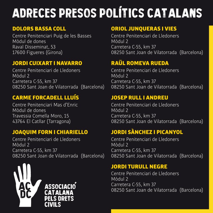 Ja podeu tornar a enviar el vostre suport als presos i preses polítiques a Catalunya, aquestes són les seves adreces. Les vostres cartes son brins de llibertat.