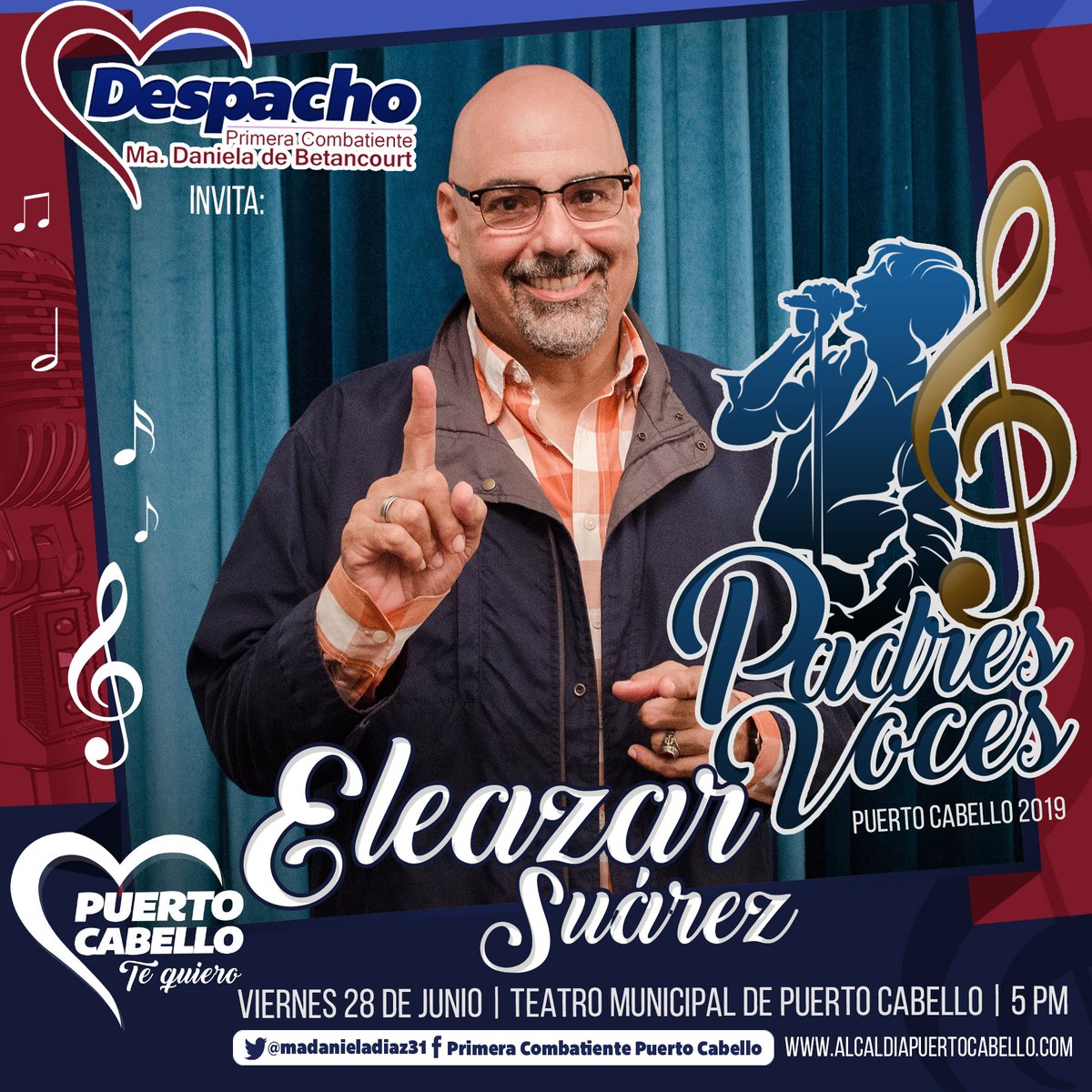MaDanielaDiaz31's tweet photo. Eleazar Suárez, Participante Oficial de "Padres Voces Puerto Cabello 2019"
¿Sera Eleazar el ganador de esta edición 2019? #Apoyalo
Asiste al Teatro Municipal este viernes #28Jun a partir de las 5:00 pm y disfruta de su participación.
Invita el alcalde @JCbetancourt72 https://t.co/wrE2Lhrbab