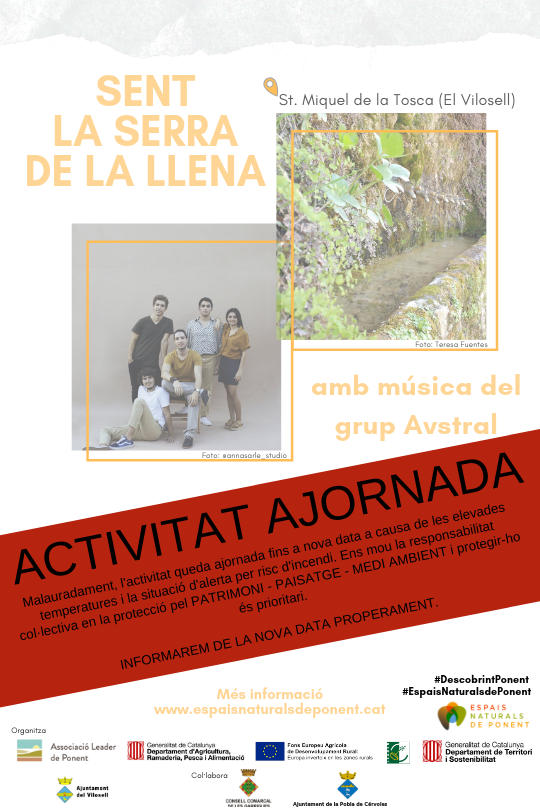 EspaisPonent's tweet photo. ⚠️📣ATENCIÓ! AJORNEM l'activitat prevista per demà 28 de juny 'Sent la Llena amb @Avstralgrup' a Sant Miquel de la Tosca. 📢 Aviat, comunicarem nova data. ℹ️Malauradament, s'ajorna a causa de les altes temperatures i la situació d'alerta per risc d'incendi. Feu-ho córrer! https://t.co/S38cqzwgak