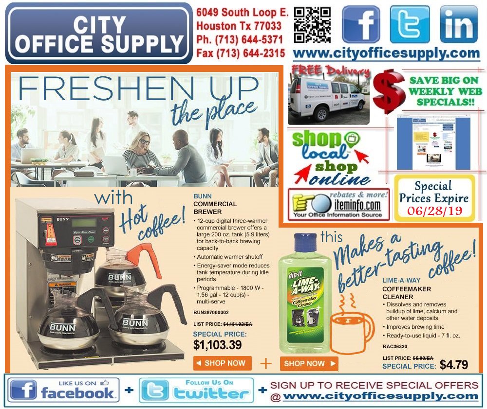 cityos's tweet photo. #ThirstyThursday: #SatisfyYourNeed with #BackToBack #HotCoffee from a @BUNN #Brewer & #YourMachine with #LimeAWay #CoffeeMakerCleaner #WeeklyWEBSpecial @ https://t.co/zb4z5RaOwd #shoplocal https://t.co/YZhdImADlO https://t.co/4ptiVL0RK6