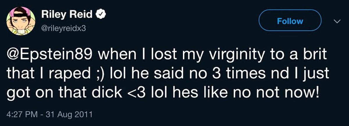 nice_guy98's tweet photo. hi @rileyreidx3, how's my favorite rapist (or sexual predator? whichever you prefer) doing today? i was hoping you would want to catch a movie with me sometime soon. pick you up at 8 on saturday? 🥰🥰☺️ #MeToo https://t.co/SgkI6ViUDj