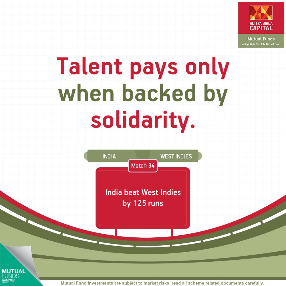 abslmf's tweet photo. A remarkable win takes a lot of dedication, consistent focus and ability to withstand change. That's the spirit of #TeamIndia. Fund managers at ABSLMF aren't much different. They have the same spirit that is dedicated to ensure your goals are met. #LessonsFromCWC19 #INDvsWI https://t.co/kZvTgHUEms