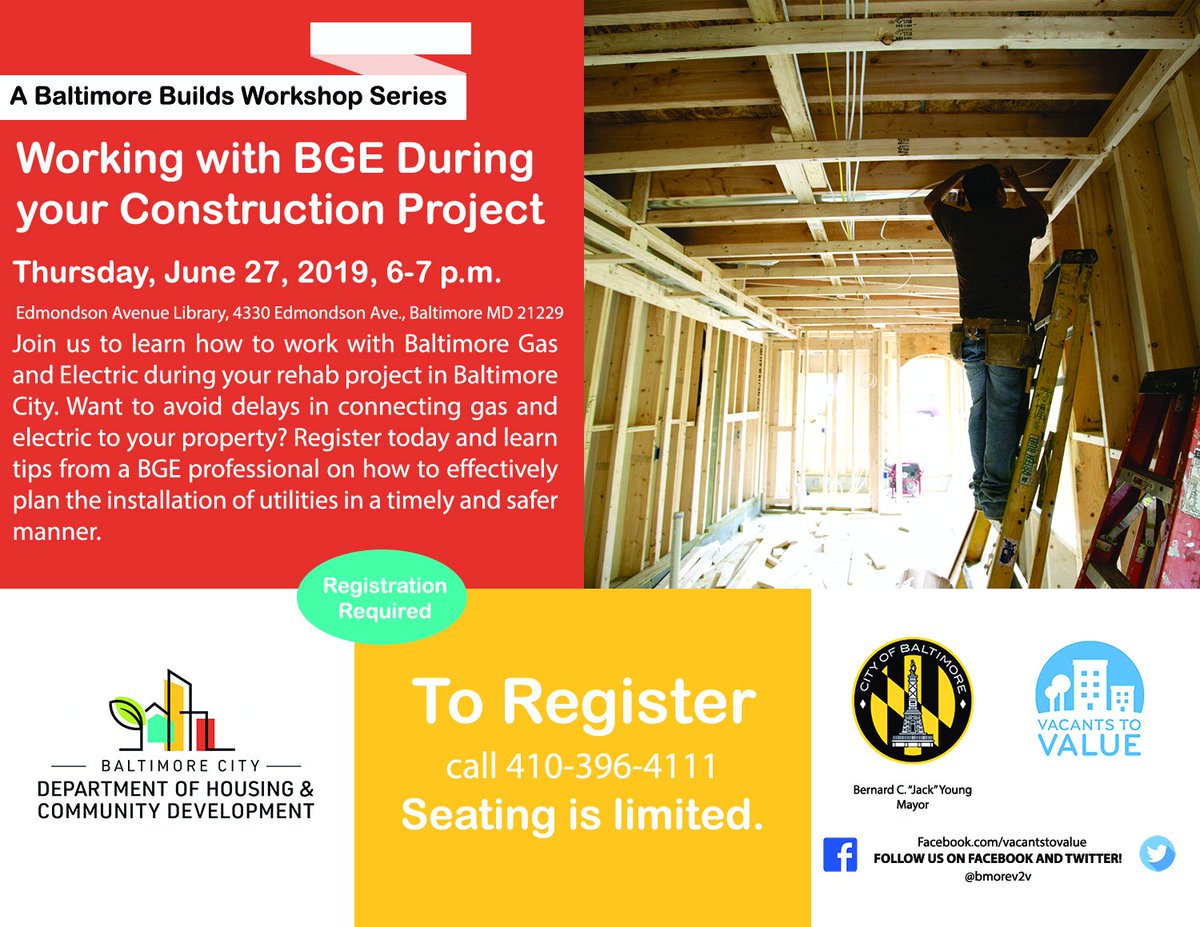 Need the inside scoop about working Baltimore Gas &amp; Electric during your development or rehab project in Baltimore City? Join us tonight at 6pm for a quick overview and discussion!! #Bmorev2v