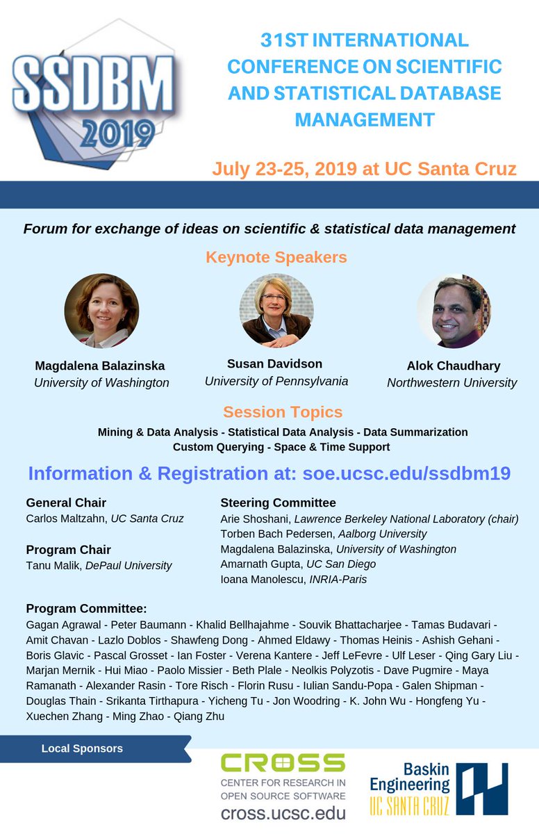 ssdbm2019's tweet photo. Great keynote speakers, great program, great evening events. Register today. #SSDBM #ssdbm2019 https://t.co/UW826UL7jv