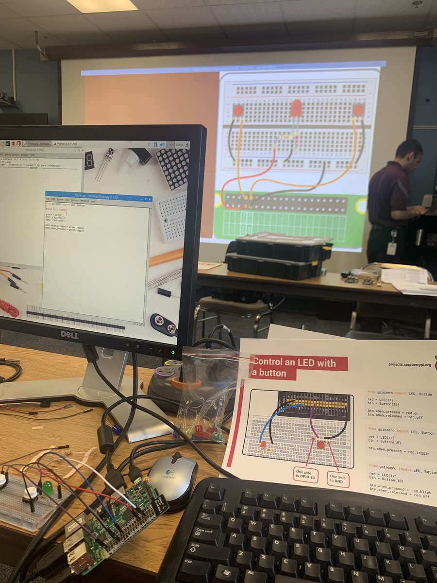 BeccaGutosky's tweet image. Really cool @Raspberry_Pi PD with @jigar_patel #tciuSTEM at #CSForAllPA 🔌💡💻 Playing with circuitry, buttons, &amp;amp; LED lights....programming in #python