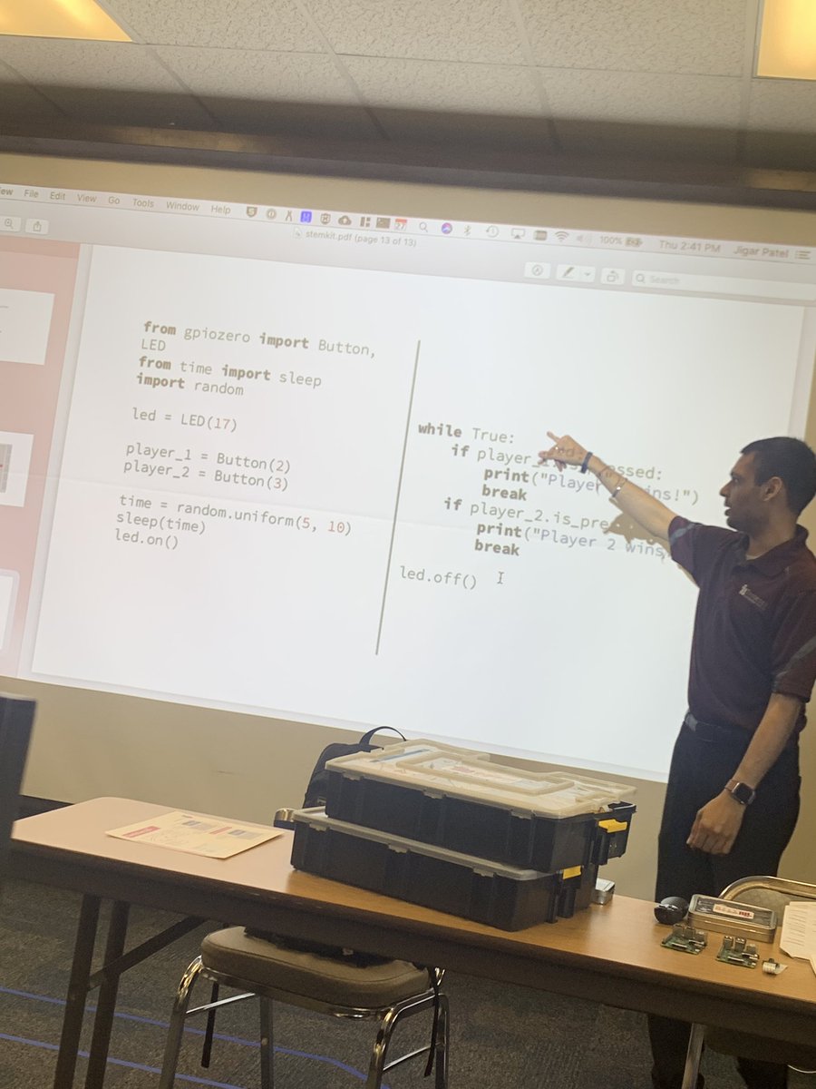 BeccaGutosky's tweet image. Really cool @Raspberry_Pi PD with @jigar_patel #tciuSTEM at #CSForAllPA 🔌💡💻 Playing with circuitry, buttons, &amp;amp; LED lights....programming in #python