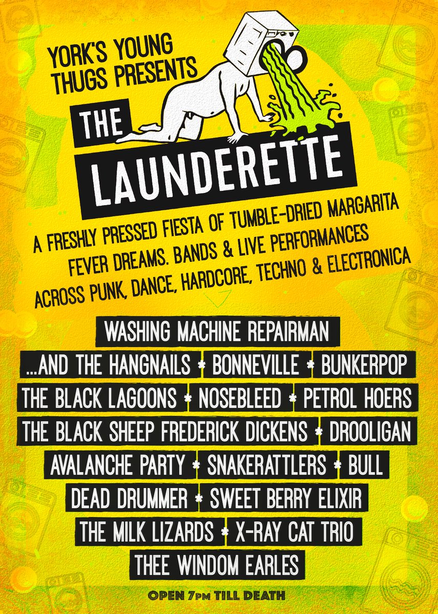 Beatherder's tweet photo. NEW VENUE NEW VENUE NEW VENUE NEW VENUE NEW VENUE NEW VENUE NEW VENUE NEW VENUE NEW VENUE 
YES!!! New for @beatherder 2019, getting you in a spin on full cycle with a boil-wash for the brain. 
Ladies, Gents, Herders we present via York's Young Thugs THE LAUNDERETTE 
HERD EM UP. x https://t.co/rsdqCZhIwE