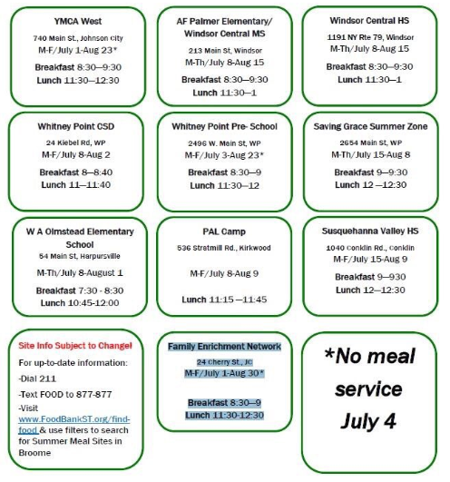 A summer reminder, from July 8 - August 15, anyone 18 and under can get a free breakfast and lunch at Palmer Elementary/Windsor Central Middle School, and Windsor Central High School.