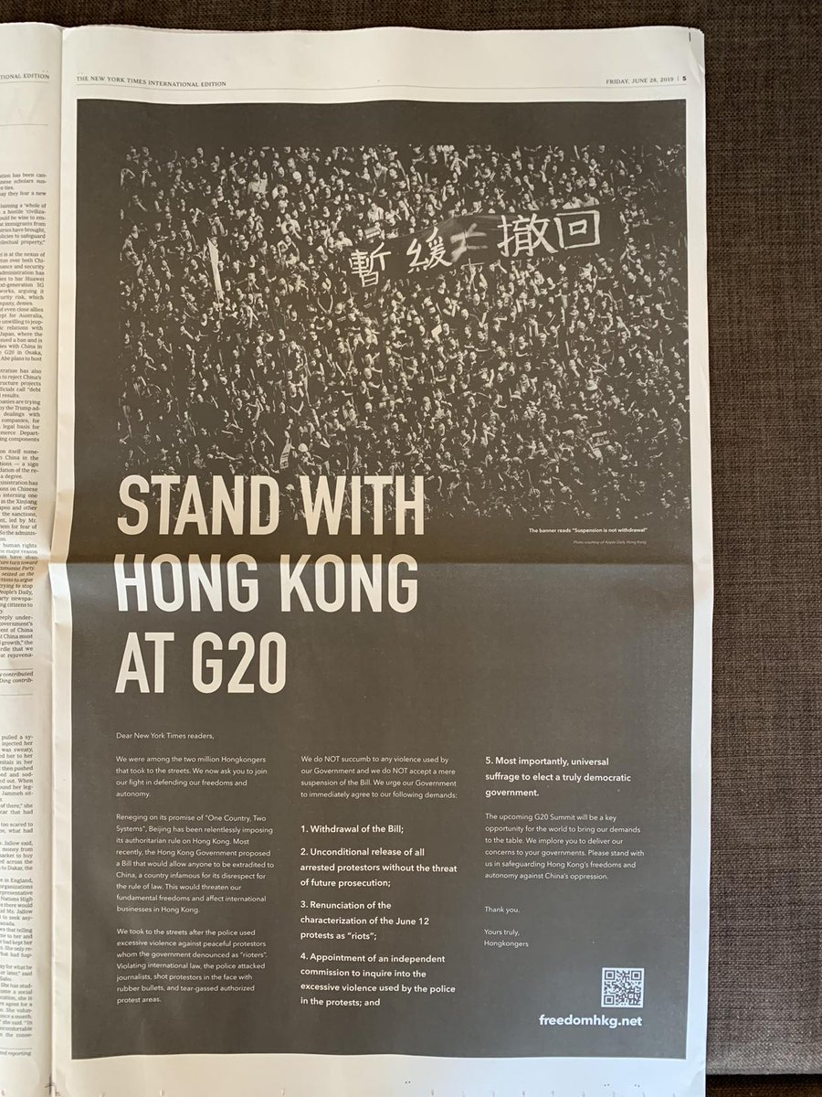 KongTsungGan's tweet image. Here's @FreedomHKG's #G20 #SupportHK ad in the international edition of @nytimes, p5, June 28.  Up to now, ads have appeared in @guardian @globeandmail @SZ &amp;amp; @japantimes, with more to come today. #StandWithHongKong
