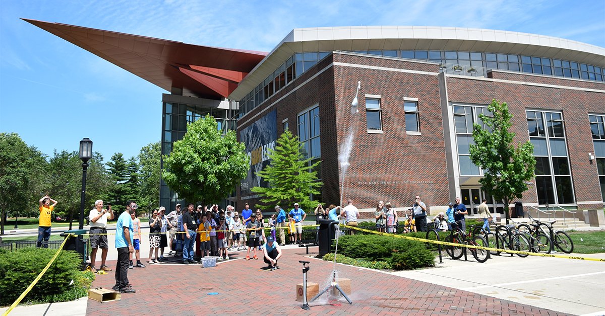 PurdueAeroAstro's tweet photo. It's been a fun afternoon building and launching straw rockets and water rockets in Neil Armstrong Hall, celebrating "Grandparents University" @LifeAtPurdue with #PurdueAAE. https://t.co/YfsOlMm8eV