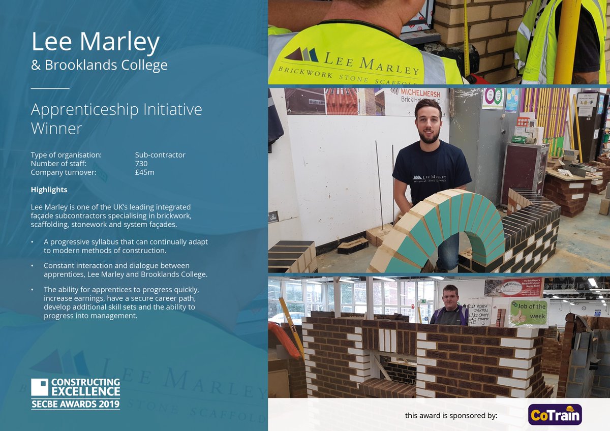 CE_Awards's tweet photo. *** WINNER *** Lee Marley & Brooklands College – Apprenticeship Initiative Award Winner at the Constructing Excellence SECBE Awards 2019! Find out more.
Sponsored by @JoinCoTrain #SECBEAwards2019 #CoTrain #LeeMarley #BrooklandsCollege @trowel63 @FEBrooklands https://t.co/8l0b1RU18g