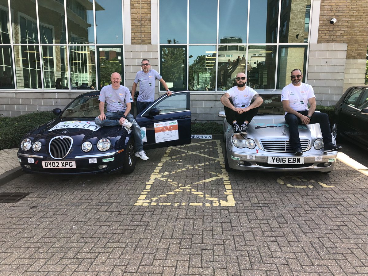 DoughballRun's tweet photo. The Doughballers &amp; both cars made it back to @pizzaexpress Uxbridge HQ this afternoon. We’ve raised over £12.5k!

Still time to ‘Dough’nate and help us support @macmillancancer now:
https://t.co/0UGFTuHmZF

#roadtrip #teamwork #charity #landsendjohnogroats #cheapcar #uxbridge https://t.co/O4BuTvbK1Z