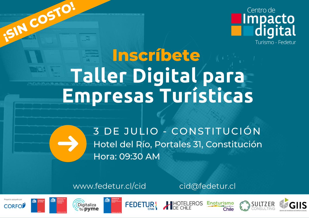 FEDETUR_Chile's tweet photo. 📢El nuevo Centro de Impacto Digital (#CIDTurismo - Fedetur) está apunto de iniciar sus talleres para empresas de turismo de la #RegiónDelMaule. Empezando en #Linares, luego #Constitución y finalizan en #Curicó

¡Participar es gratis! Inscríbete hoy >> https://t.co/bJhaCqK7Y5 https://t.co/Rpxaa0Pz8g