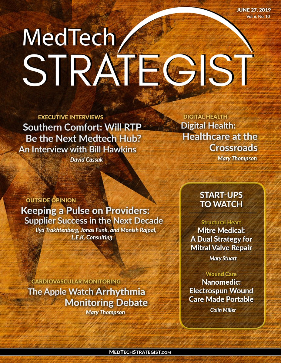MedTechStrat's tweet photo. ‼️NEW ISSUE ALERT‼️ @MedTechStrat June 27, 2019: https://t.co/PpQQ1ZE5Mi 
✅ Is RTP the next #medtech hub?
✅ #Healthcare at the crossroads
✅ Next decade's supplier success
✅ @Apple ⌚️ #arrhythmia monitoring debate
#StartUps2Watch: @MitreMedical &amp; #Nanomedic https://t.co/H0HOKfdURM