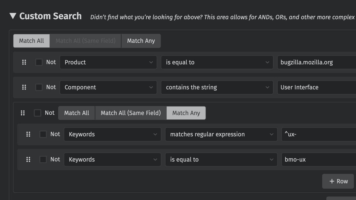 BugzillaUX's tweet image. Custom Search, one of the hardest-to-use UI on @bugzilla, gets a complete overhaul 🎉 Build a complex query freely by adding rows/groups, moving them with a drag n’ drop, and remove ones if necessary. Welcome to the 21st century 😆 bugzilla.mozilla.org/query.cgi?form…
