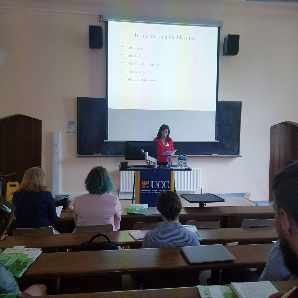 NoemiFarkas2's tweet photo. @NiamhWycherley giving an excellent paper on 'Tangible Blessings', exploring the terminology of relics in medieval Ireland. #icm2019 #UCC @MooreInst https://t.co/Lo97qefA2f