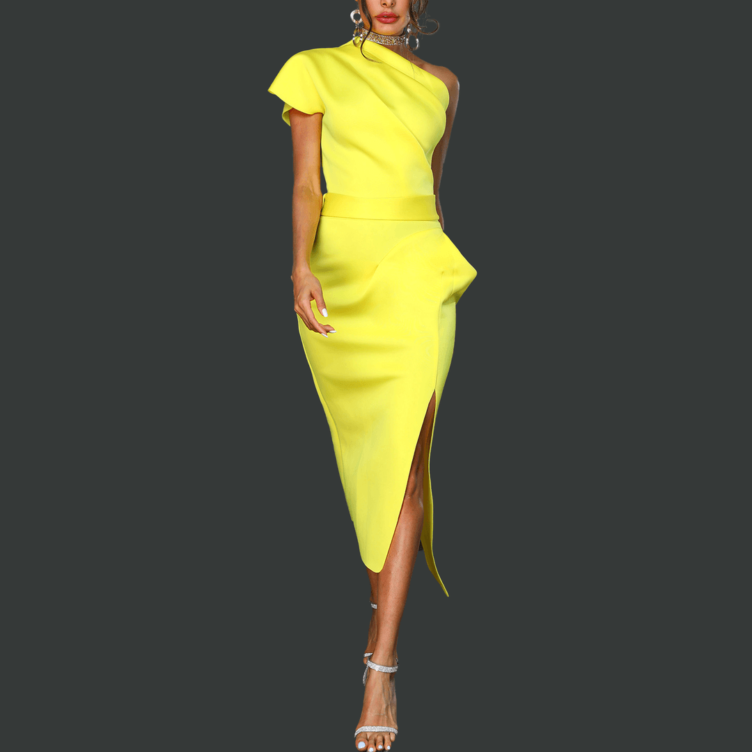 ElzavyBrand's tweet photo. Elegant Sloping Shoulder Pure Colour Waist Bodycon Yellow Dress - One Shoulder Ruched Irregular Yellow Party Dress #50off #bodyfitandfashion #clothingdesigner #currentlywear #fashiomoments #fashionzine #fasionaddict #ladiescorner #marlopvris #modasinlimites #mylooktoday https://t.co/bm416HBdhA