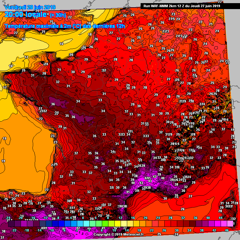 WRF NMM 2km model forecast (+30h): 12h Tmax at 20:00UTC Friday 28 June