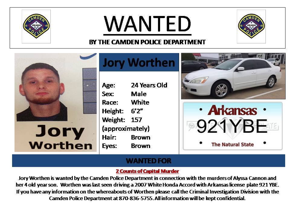 WichitaPolice's tweet image. We need your help in locating Jory Worthen who is wanted by the Camden PD,  in connection with the murders of Alyssa Cannon and her 4yr old son Bradon Ponder. He was driving a 2007 white Honda Accord with Arkansas tag 921YBE. Jory is believed to be in the Wichita area.