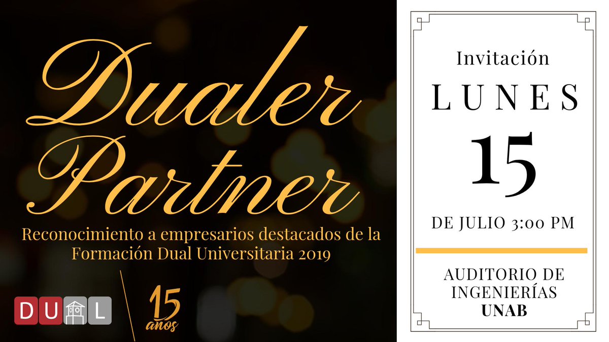 DualUnab's tweet photo. Comunidad Dual los invitamos al evento #DualerPartner2019 en el cual tendremos la oportunidad de: presentar los impactos generados por los proyectos de las prácticas Dual, exaltar a las empresas Excellence, Senior y Mentor 2019; y conocer las experiencias exitosas de empresarios. https://t.co/NTkUrWD9Oc