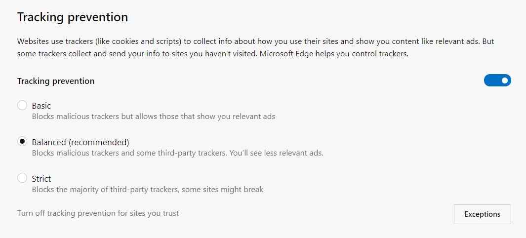 Screenshot of the tracking prevention settings in Microsoft Edge