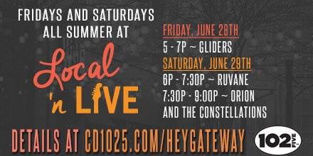 Pre-party CD102.5 Summer Festival this Friday at Local 'n Live with Gliders! It's all goin' down at <a href="/heygateway/">Gateway</a> starting at 5pm. 

The CD102.5 Scene Team will be there, too! So come by and say Hi!