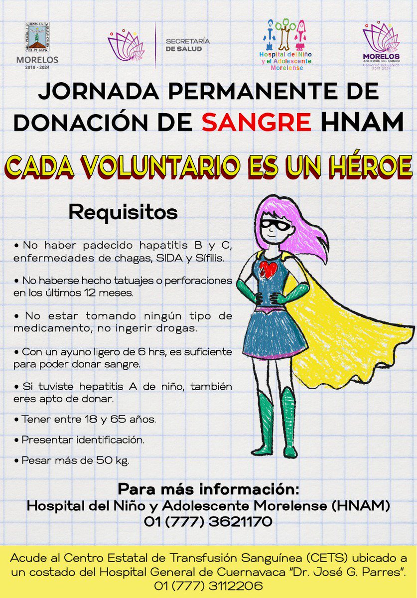 SSM_Morelos's tweet photo. El Hospital del Niño y Adolescente Morelense (#HNAM) realiza entre cuatro mil y cinco mil transfusiones sanguíneas al año y solo el 20 por ciento se recupera por donación altruista.
#CadaVoluntarioEsUnHéroe https://t.co/thbSU8vjP1