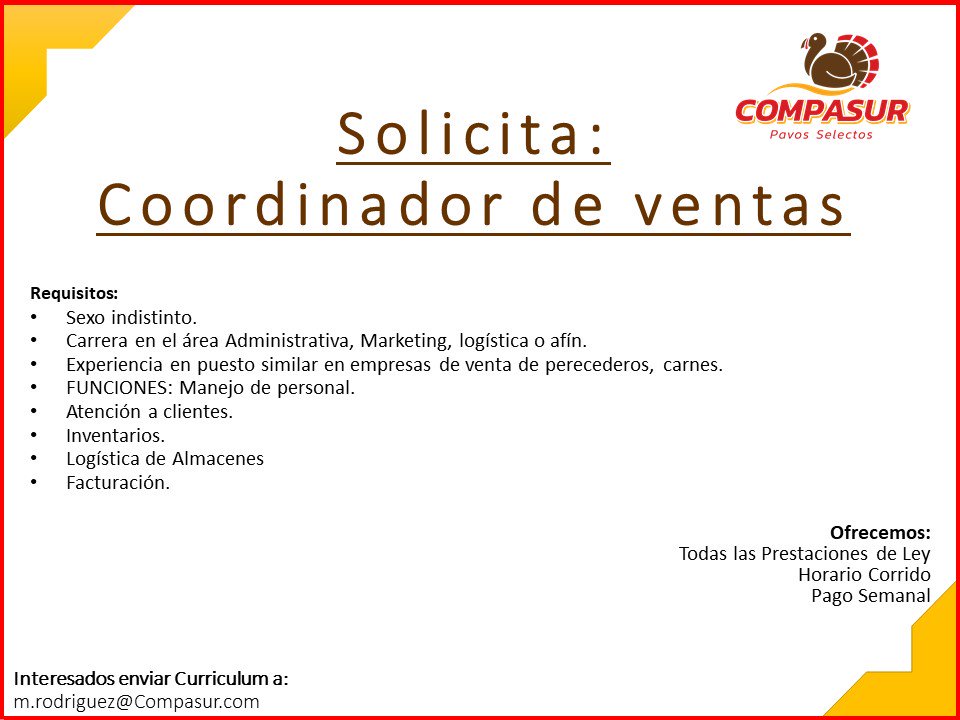 CANACINTRAYuc's tweet photo. #Compasur está solicitando un Coordinador de ventas, ¿buscas empleo y encajas en el perfil? Envíales tu CV al correo m.rodriguez@compasur.com https://t.co/OKS9rUMwJL