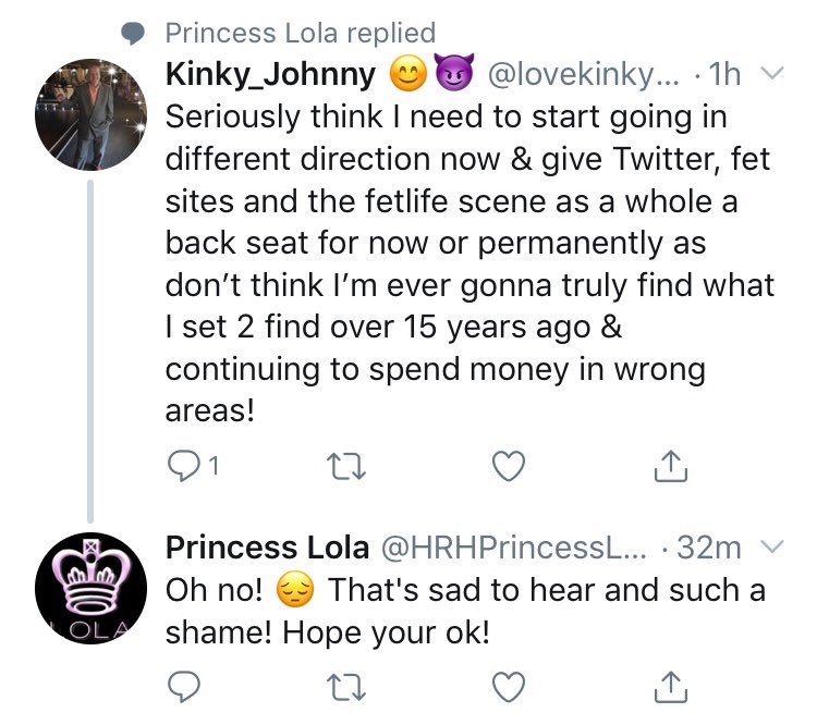 SockSlaveNI18's tweet photo. Very refreshing to see interactions like this. It shows the caring side of the Domme and proves they care for their subs. Give @HRHPrincessLola a follow, she seems to be in this for the right reasons. Unlike a lot of so called dommes on here. #refreshing #findom #truedomme https://t.co/GjybcEtHEr