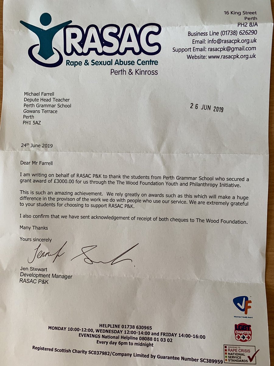 The school received a lovely letter from @rasacpk this week thanking the winning @ypi_scotland group in S2 @PGSocialSubject We value the partnership that we have very much and hope this helps to support this. A great choice of local charity. @TWF_Scotland #respect