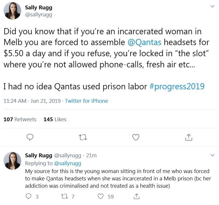 murriyinaar's tweet photo. And they say prisons are places of rehabilitation!  No sheeple, they are places of profit. Slave labour still exists. 

#shameqantas #qantas #slavelabour #boycottQantas https://t.co/QybFY23kMC